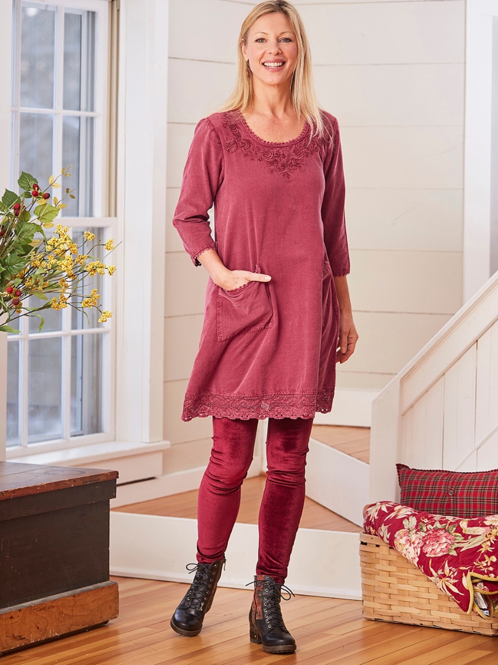April Cornell Scarlet 100% Cotton Lace-Trim Tunic XXL